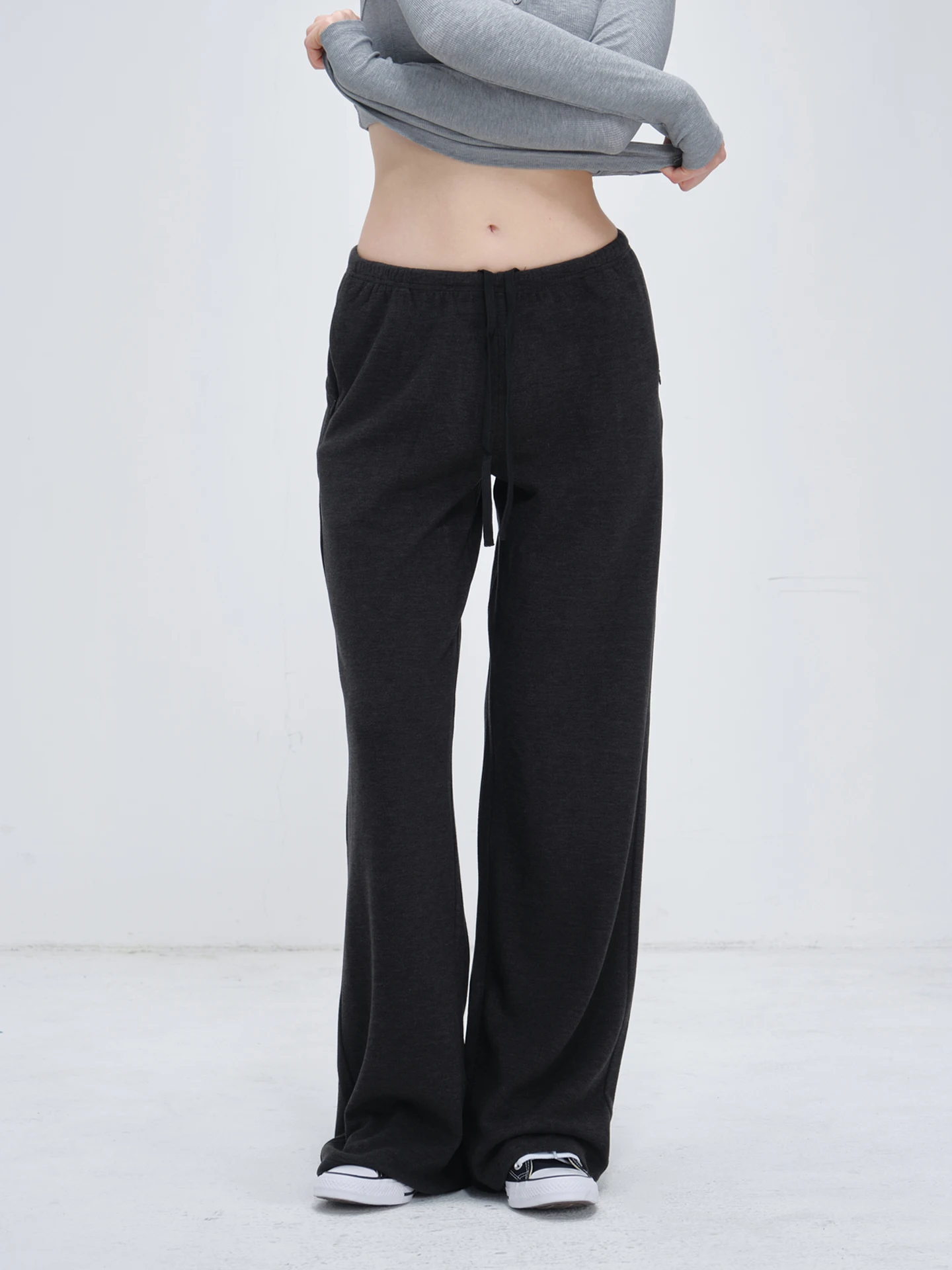 Black Drawstring High-Waisted Wide-Leg Pants for Women, Spring and Autumn Drapey Lazy Style Casual Pants, Slimming Floor-Length Straight-Leg Sports Sweatpants