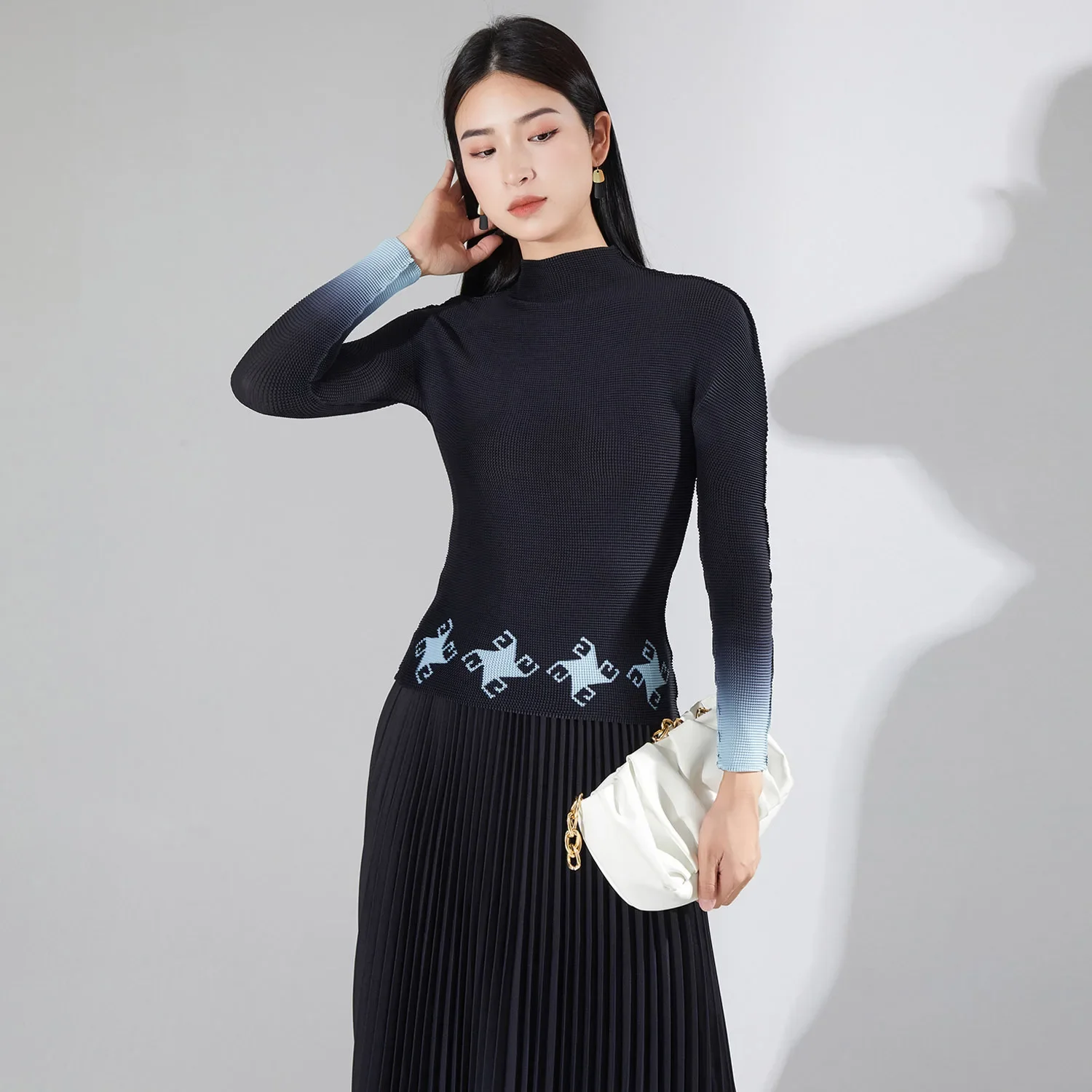 Pleats Pleated Skirt Set Casual Top+skirt Women Senior Sense Fall Tight Bottoming Shirt Women High Neck Thin Long Sleeve T-shirt