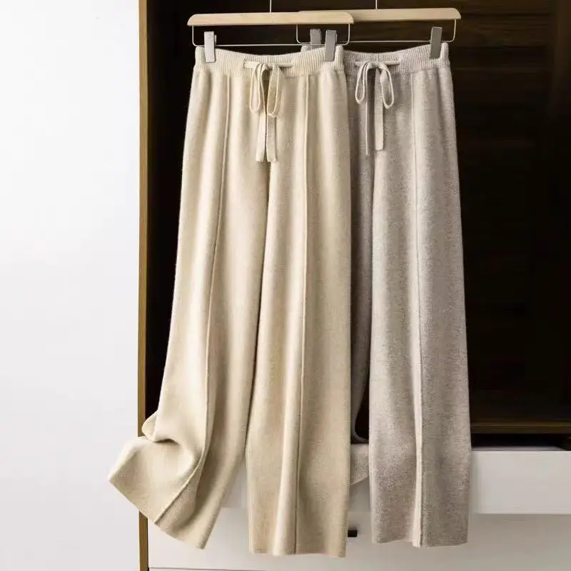 Pantalones de mujer de longitud completa, pantalones de punto con cintura elástica, cintura alta, pierna ancha, pantalones elásticos cálidos para