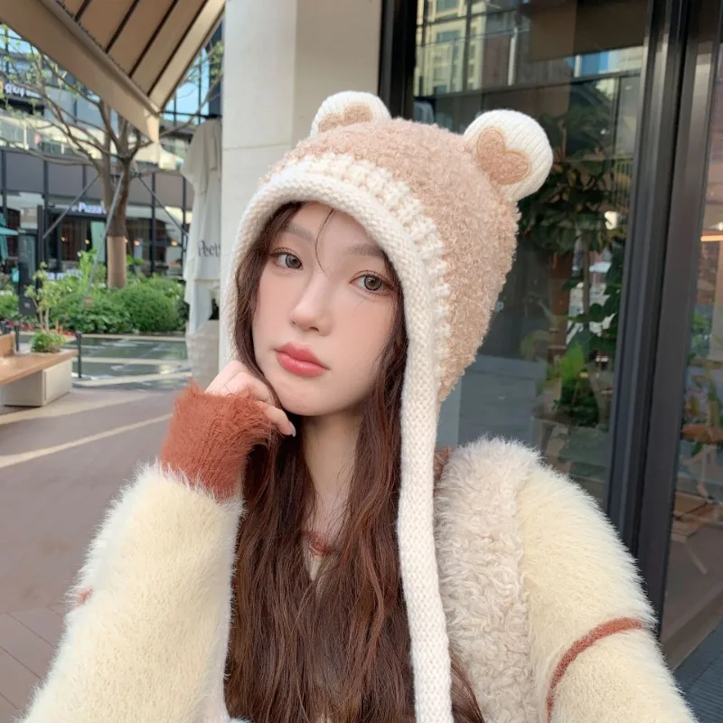 Autumn and Winter Cute Hairball Plush Hat Women's Plush Ear Protector Lei Feng Hat Warm Bag Head Wool Knitted Cold Hat