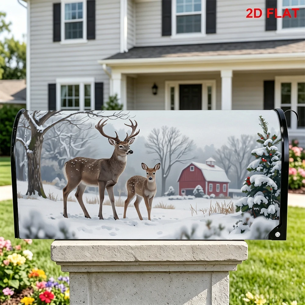 Winter Snow Deer Mother&Child Mailbox Cover Red Barn Snow Tree Decor Mailbox Sleeve