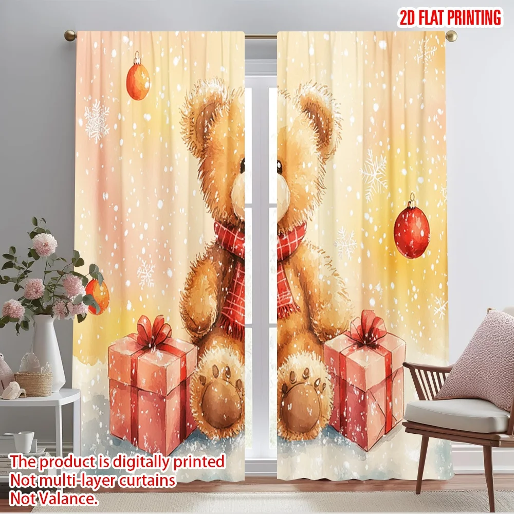 2pcs,2D plane printing Pattern Curtains Cute Teddy Bear Snow Winter Polyester (without rod) Decorations For Home for Bedroom,