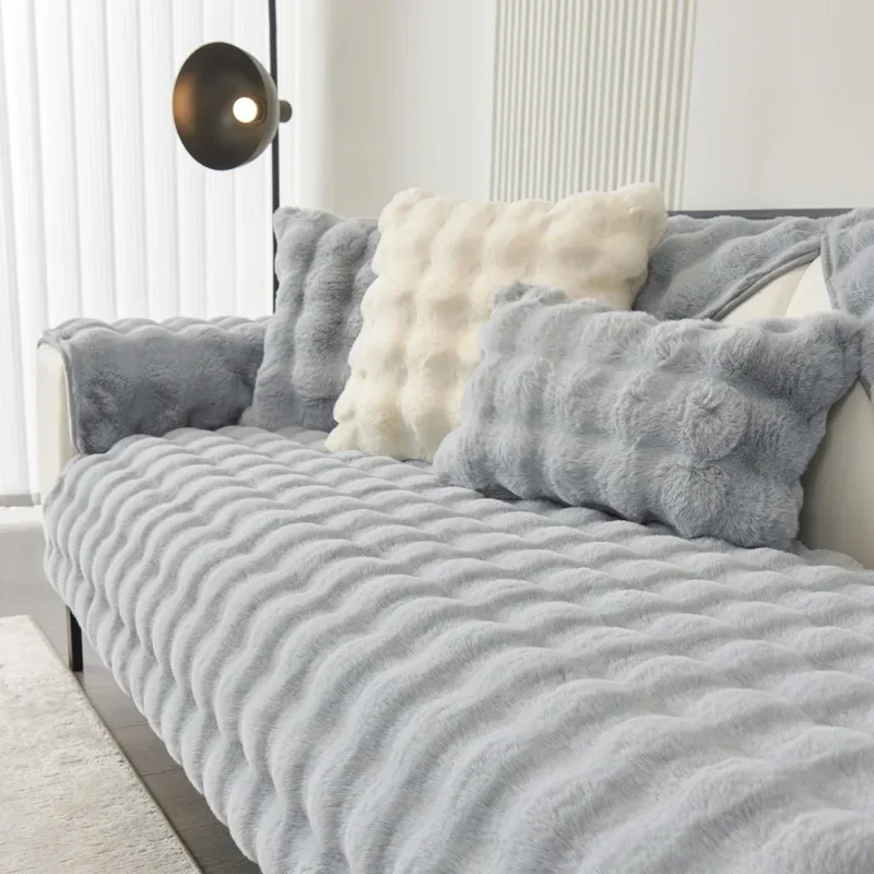 Thickened Flannel Sofa Cushion Simple Plaid Velvet Plush Non-Slip Cushion Leather Dustproof Living Room Sofa Cover Armrest Towel