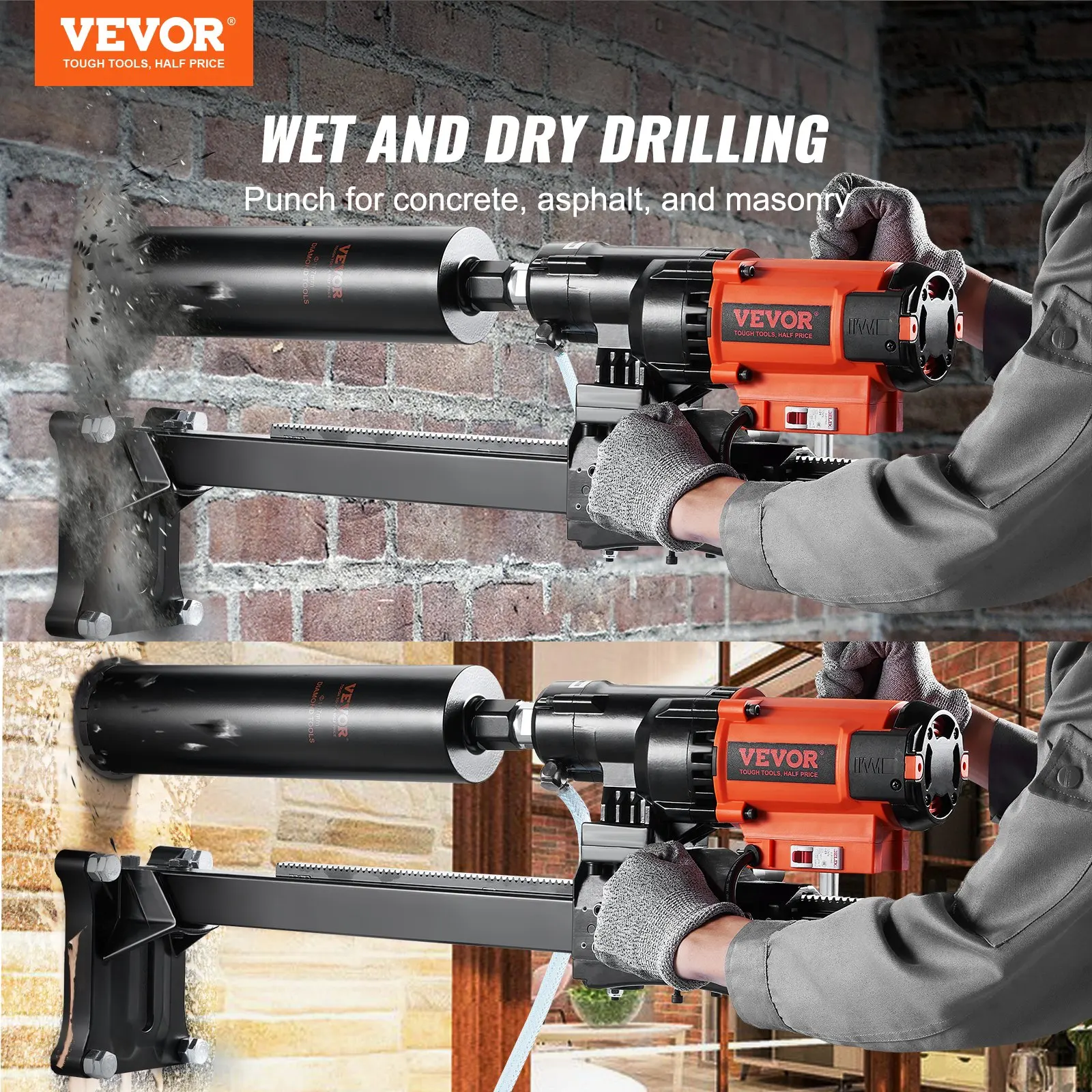 VEVOR Diamond Core Drilling Machine, 8/10 in Wet&Dry Concrete Core Drill Rig with Stand, 750RPM Speed for Concrete Brick Block