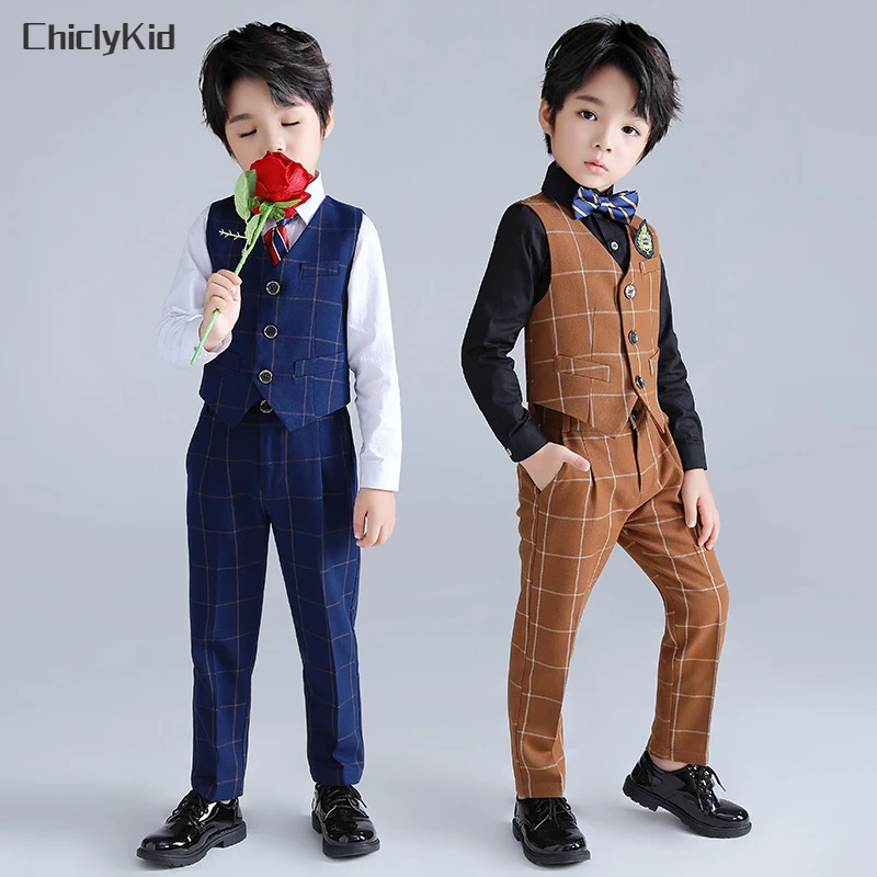 Boy Plaid Vest Tuxedos Kids Waistcoat Wedding Clothes Sets Toddler Formal Dress Suits Child School Uniform Baby Gentlemen Outfit