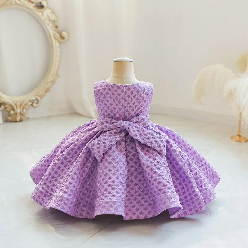 HETISO Super Sweet Solid Plaid Flower Bowknot Sleeveless Baby Dress One-piece Kids Evening Birthday Party Outfit For Girls