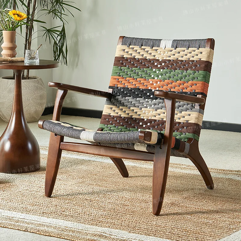 Balcony Comfortable Leisure Sofa Chair Reading Solid Wood Living Room Rope Weaving Lazy Home Back Chair