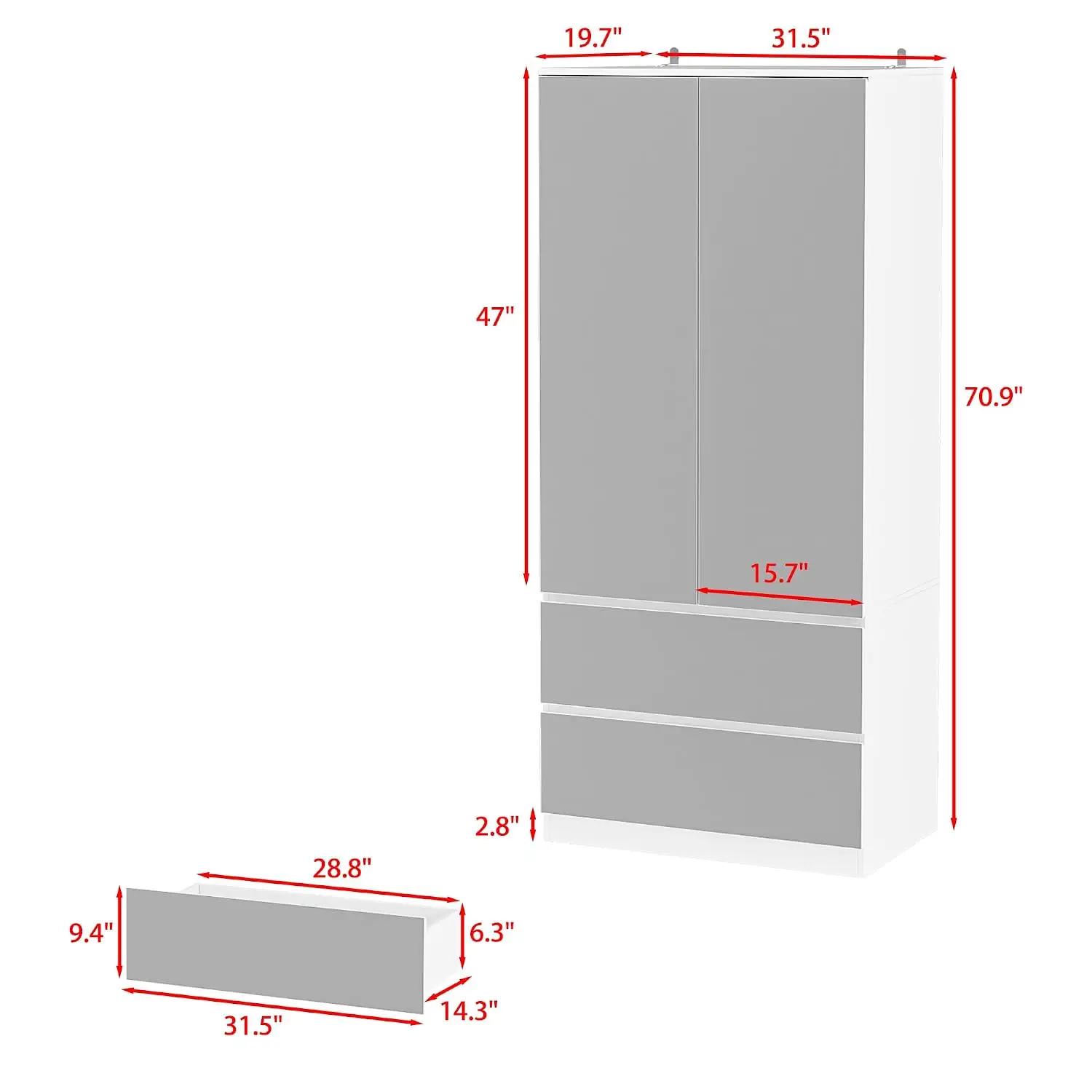 Wooden Wardrobe with Mirror, 2 Doors, 2 Drawers & Hanging Rod, Clothes Storage Cabinet for Bedroom, White, Customized