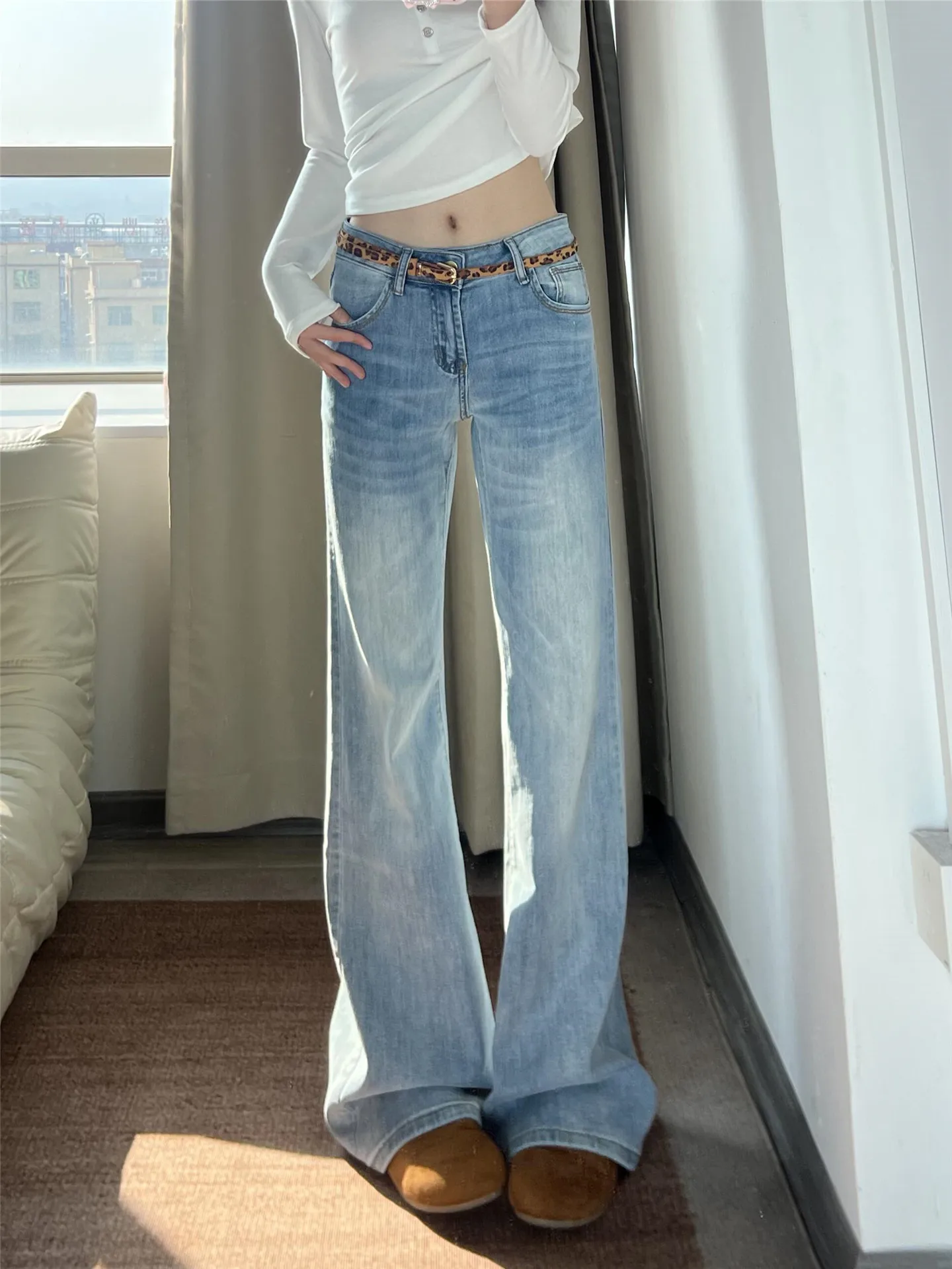 

Loose American High Street Ice Blue Low Waist Flared Jeans Women's Spring Long Taller Extended Floor-Length Pants
