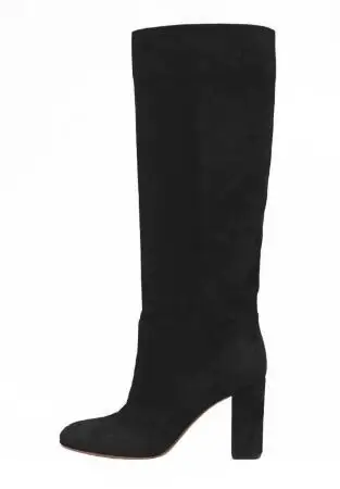Autumn Brown Black Suede Round Toe Block Heel Patchwork Knee High Boots Women Fashion Concise Tube Slip On Long Boots Shoes Lady 6