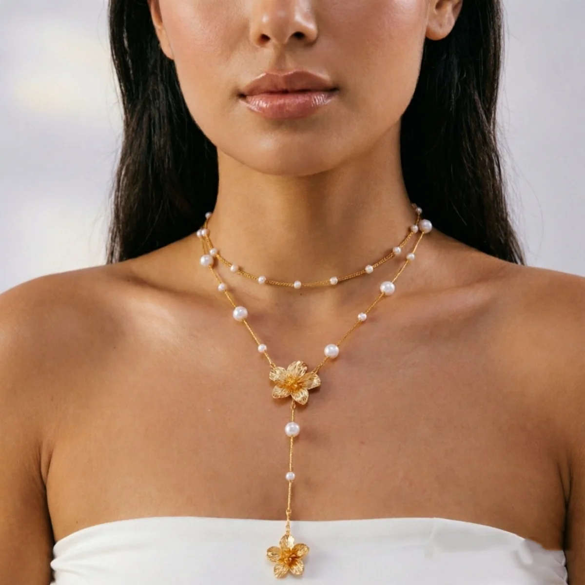 Französische Ästhetik Simulierte Perlenblumen-Anhänger-Halskette für Frauen Eleganter Metall-Blumen-Y-förmiger Choker Hochzeitsschmuck – Detail 17