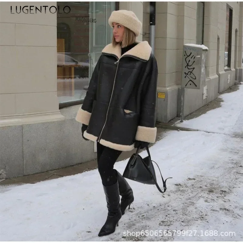 Women Plush Faux Leather New Loose Warm Autumn Winter Zipper Coat Female Casual Fashion Pocket Street Thickened Clothing