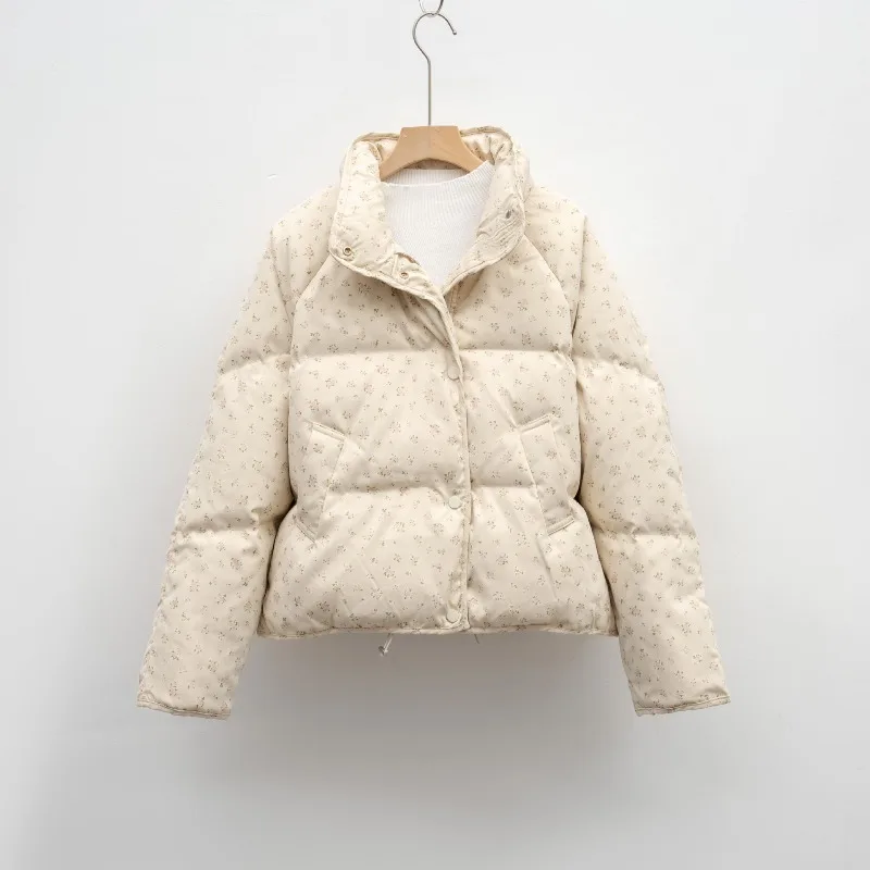 

2025 Autumn/Winter New Arrival Stand-Up Collar Petite Women's White Duck Down Jacket Short Bread Dress with Small Flowers