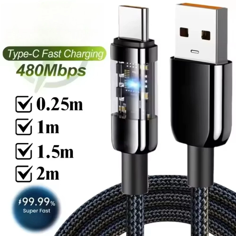 Hochleistungs-10A-Schnellladekabel 3.0 Typ C, transparentes, geflochtenes Nylon-USB-C-Ladekabel, PD-Schnelldatenübertragungskabel