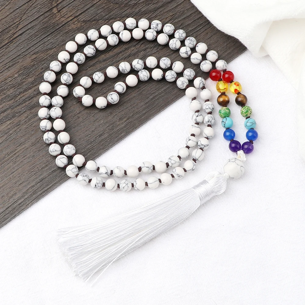 Natural Stone 6mm Howlite 108 Japamala Beaded Necklaces Women Men Reiki 7 Chakra Blessing Pendant Knotted Tassel Fashion Jewelry