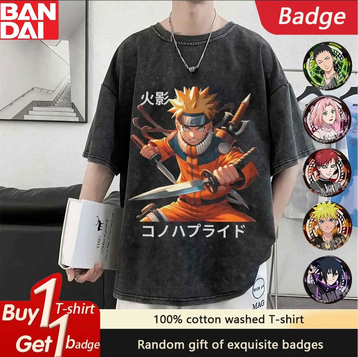 

Anime Naruto Print Oversized Vintage Washed Men's T Shirts Y2k Clothes Women's Short Sleeved Tee Casual Tops Streetwear Summer