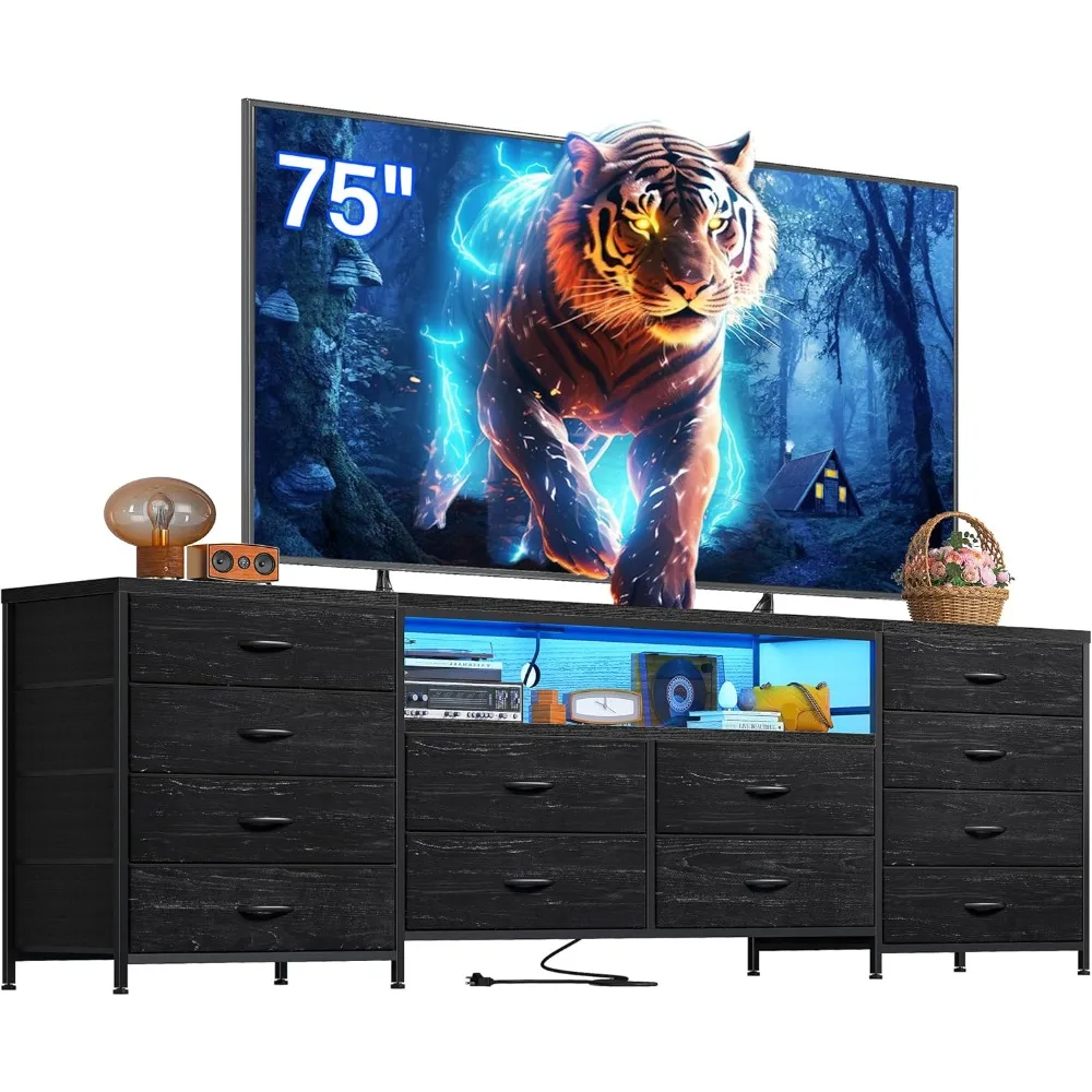 TV cabinet with LED lights and power sockets as well as 12 drawers black living room long fabric TV cabinet entertainment center