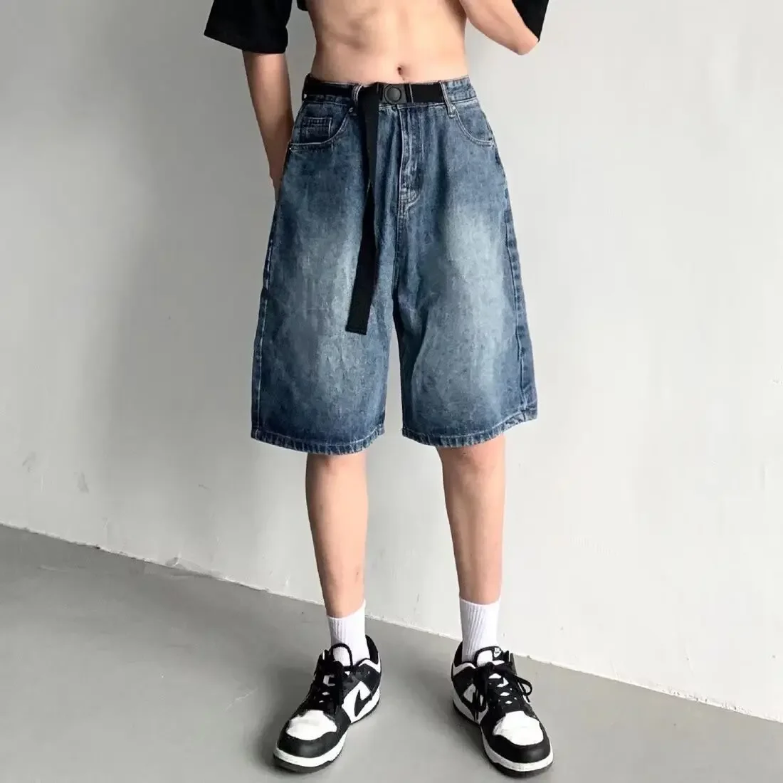 American Style Vintage Distressed Wide Leg Denim Shorts For Men Trendy Brand Zip Up Ripped Style Casual Summer Pants