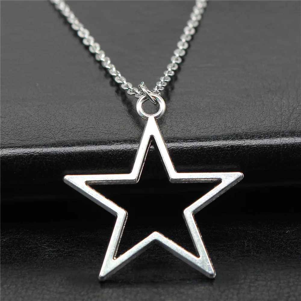 Fashion Simple Vintage Antique Silver Color 36x33mm Hollow Star Pendant Necklace For Women