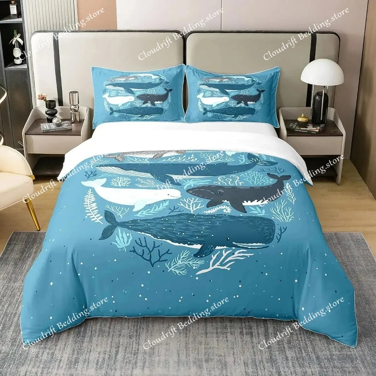 Whale Comforter Cover Twin Size,Ocean Theme Bedding Set For Kids,Nautical Sailing Quilt Set Ocean Duvet Set Ocean Decor