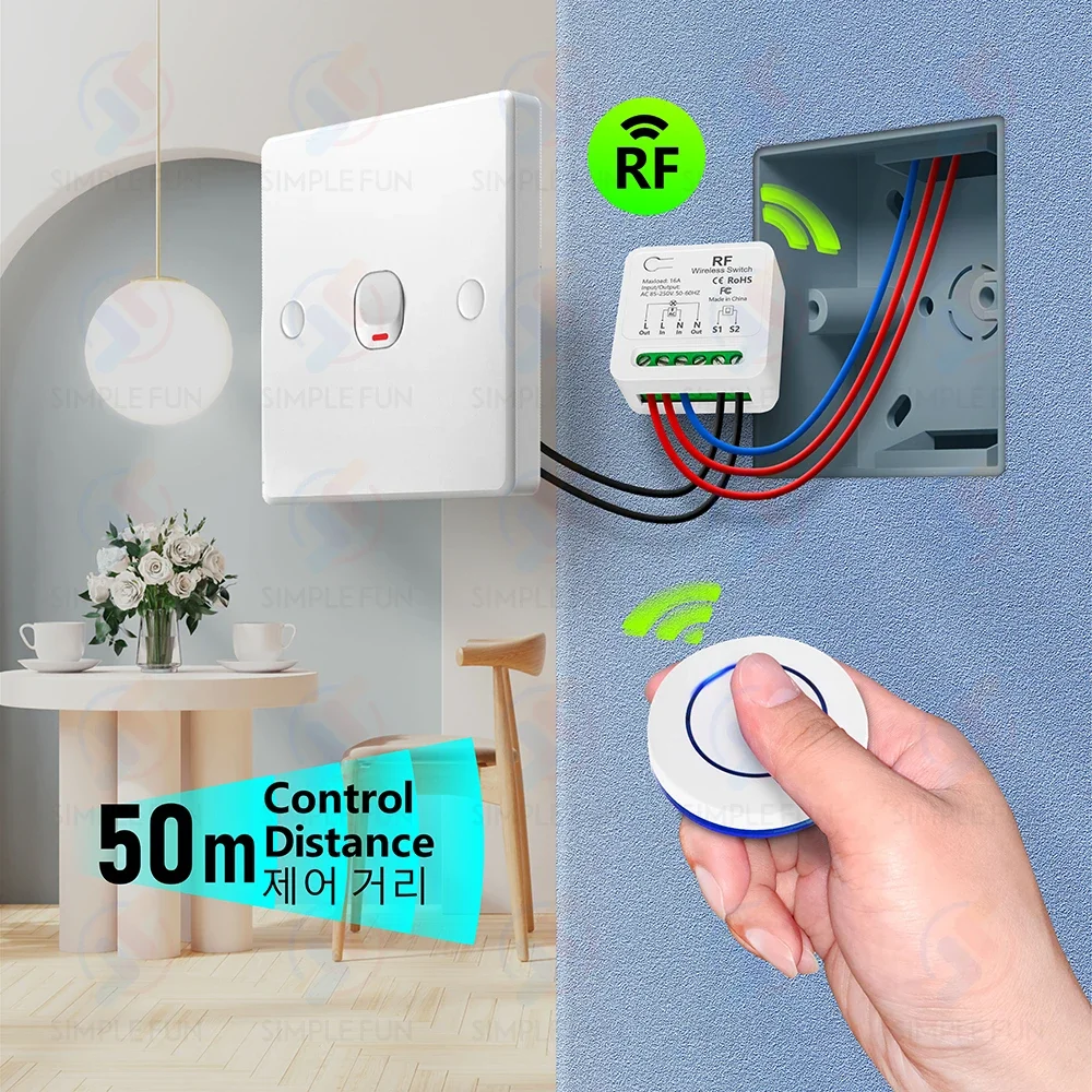 Wireless Remote Control Light Switch 110V 220V 16A in Wall Box,2 Way Control,Mini 433Mhz Module,50m Transmitter,Timing Function