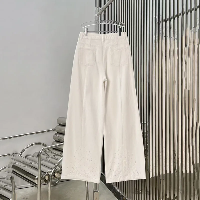 Women's Heavy-Duty Diamond-Studded Pearl Jeans, Casual and Versatile Wide-Leg Pants, High-Quality White Pants, 2026, New Arrival