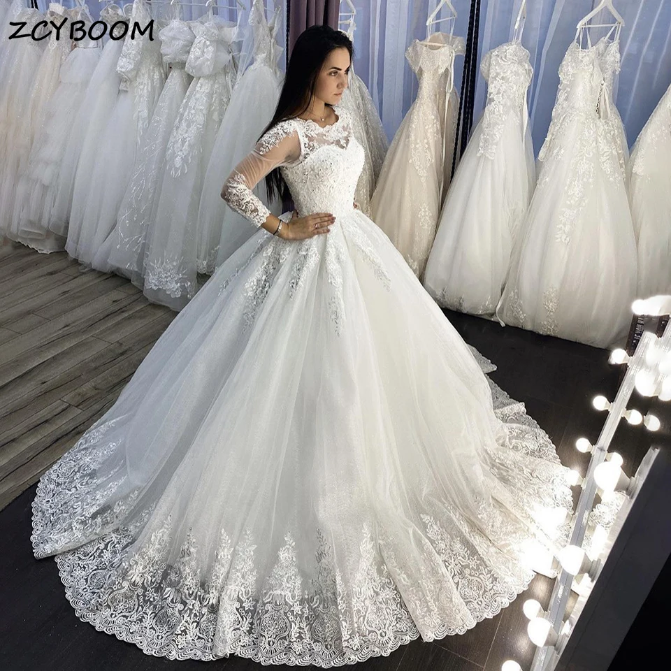 

Customized Elegant White/Ivory Lace Appliques Wedding Dress 2024 O-Neck Lace Up Women Bride Gown Court Train Vestidos De Novia