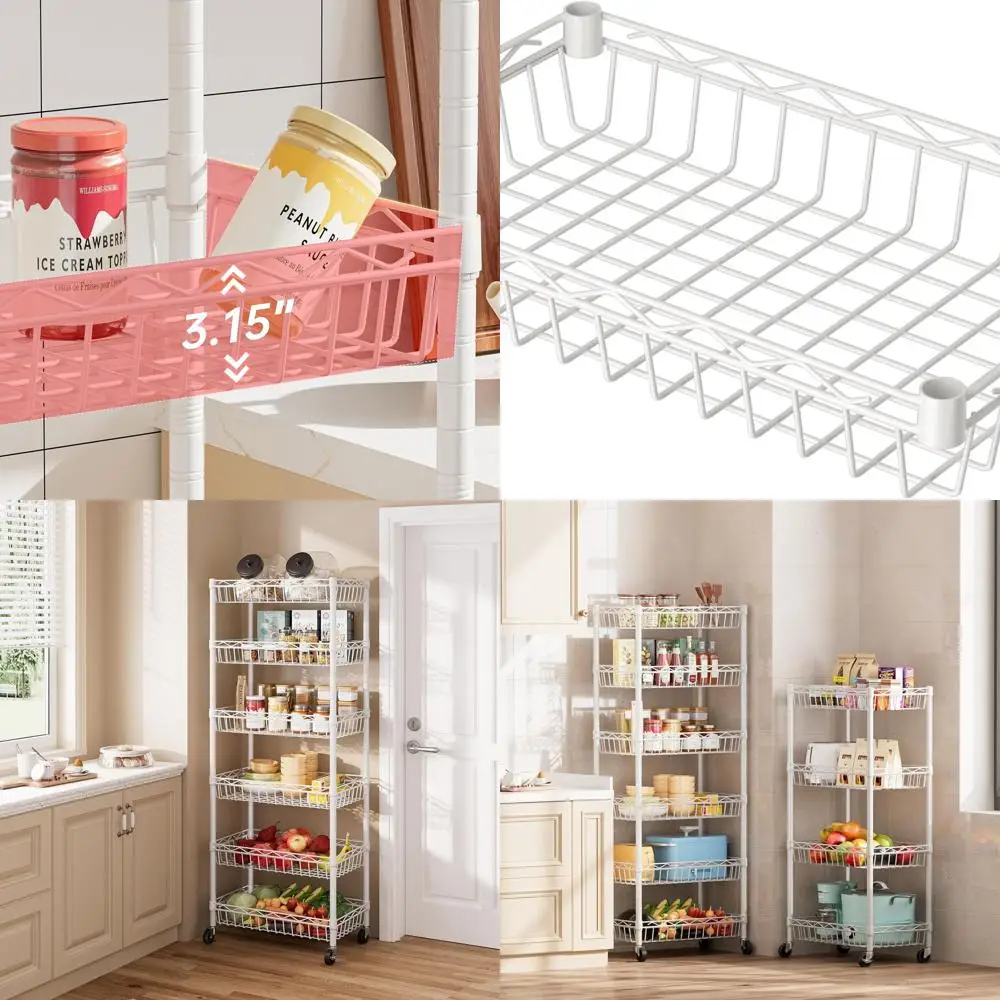 Adjustable 6-Tier Wire Basket Shelf - Large Storage Rack for Garage, Kitchen, Office, Pantry, Corner - White, 17x12x63