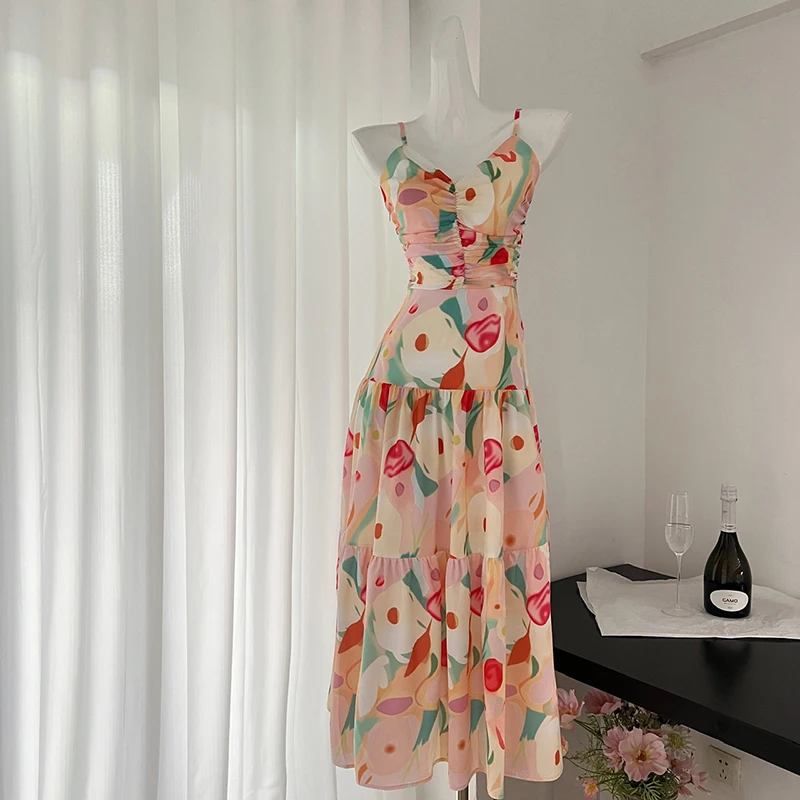 Robe française décontractée à bretelles florales pour femmes, robes longues de style plage, vacances en bord de mer sexy, été 2024