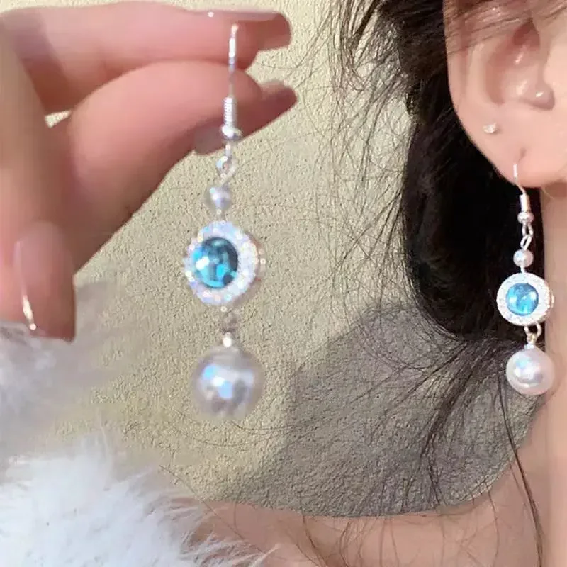 

Exquisite Blue Crystal Pearl Drop Tassel Earrings for Women Personalized Fashionable Accessories Party Jewelry Birthday Gifts
