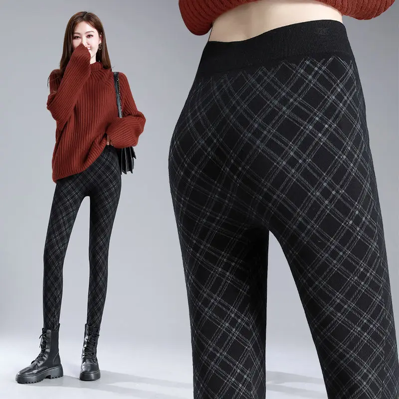 Korean Fashion Woman Clothing Plaid Leggings Spring Autumn Skinny Sexy Elastic High Waist Slim Casual Female Black Pencil Pants