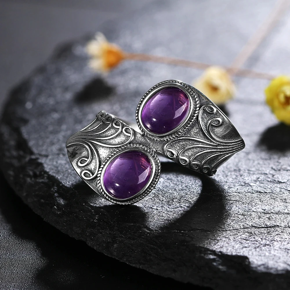 

New Design Punk Hiphop Ring With Two Amethyst For Men and Women 925 Sterling Silver Jewelry Party Birthday Gift