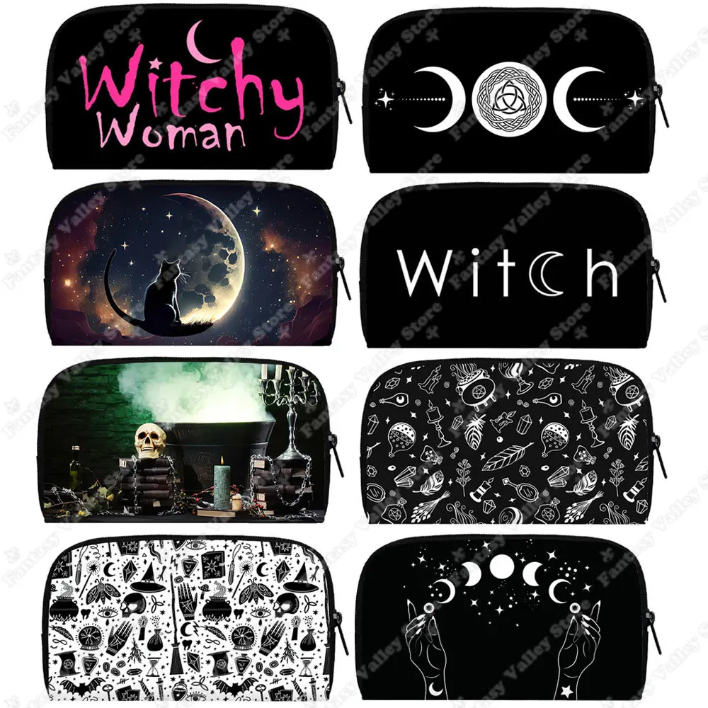 Czarownica damski portfel czarownica księżyc gwiazda portmonetka z kotem magiczne czary Wicca pieniądze portmonetka kredyt uchwyt do karty telefonicznej kobiet długi portfel