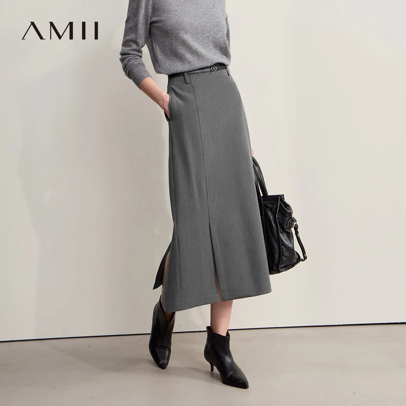 

Юбки AMII для женщин, зима 2029, новая минималистичная универсальная женская одежда для путешествий, повседневная однотонная юбка трапециевидной формы, длинная женская 12524066