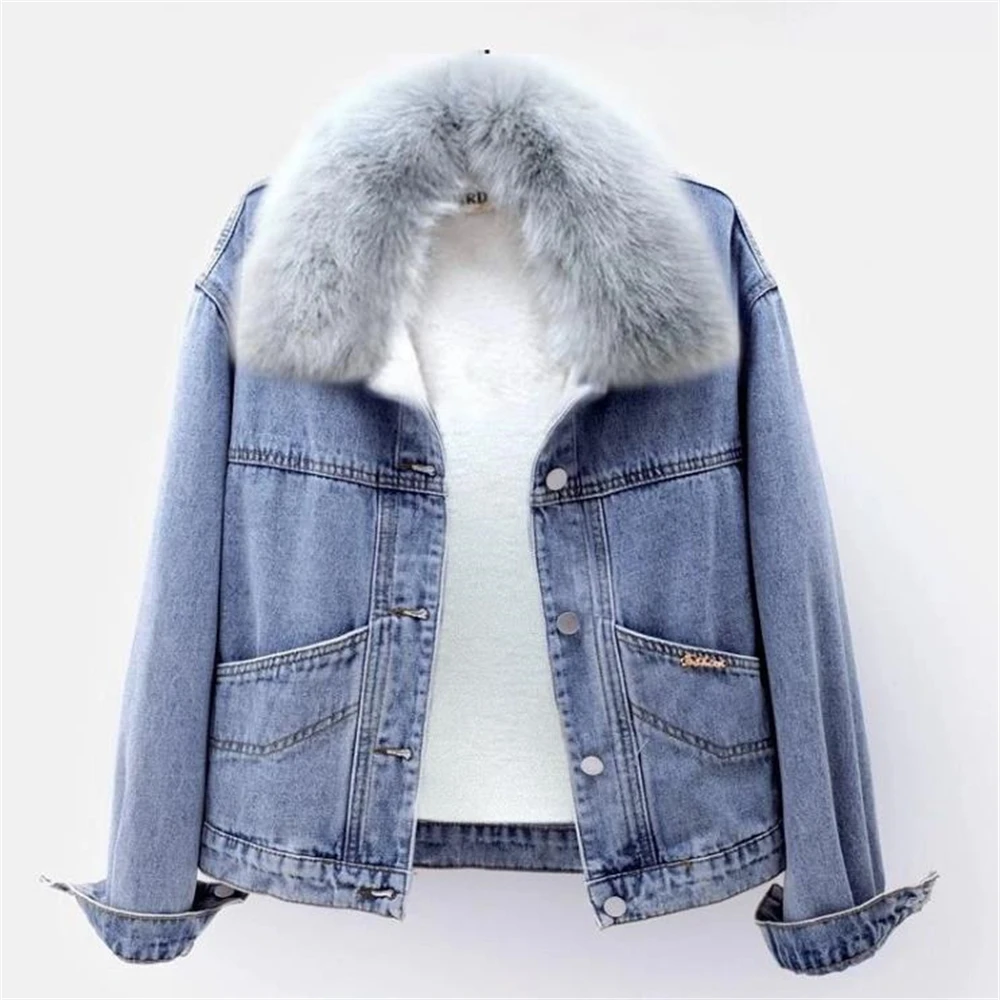 Vestes en jean avec col en fausse fourrure pour femmes, Plus Velvet Warm, Casual Thicken, CombLetter Snow Wear Wash, Blue Vaqueras Chaquetas, Winter