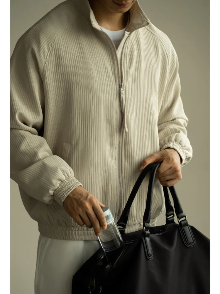 

Lightweight Horizontal Striped Zipper Jaet Men's Casual Sle Stand Fit Polyester Fiber Long Sve Autumn Season Coat