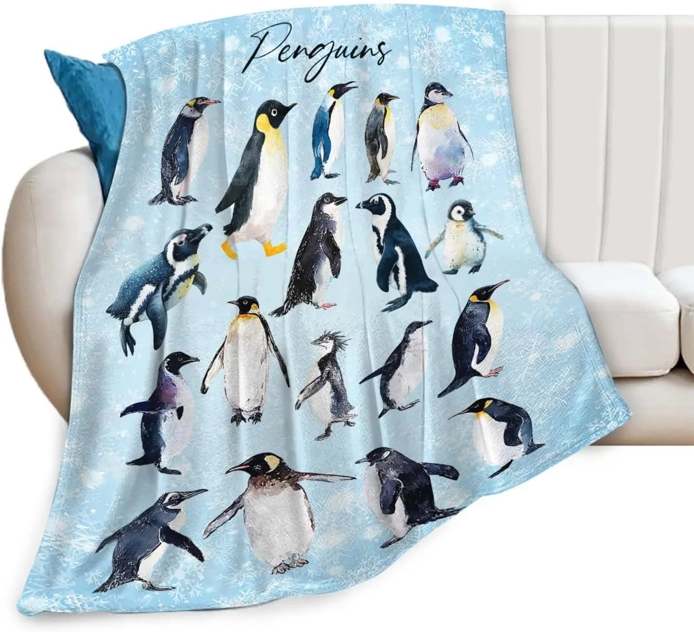 Pale Blue Snow Texture Different Kinds Penguin Watercolor Art Print Flannel Blanket Cozy Throw for Couch Travel Indoor Home