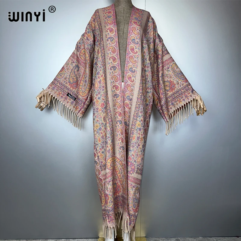 WINYI print tassel winter long cardigan African women winter kimono OverCoat abaya muslim dubai luxury Open Front party dress