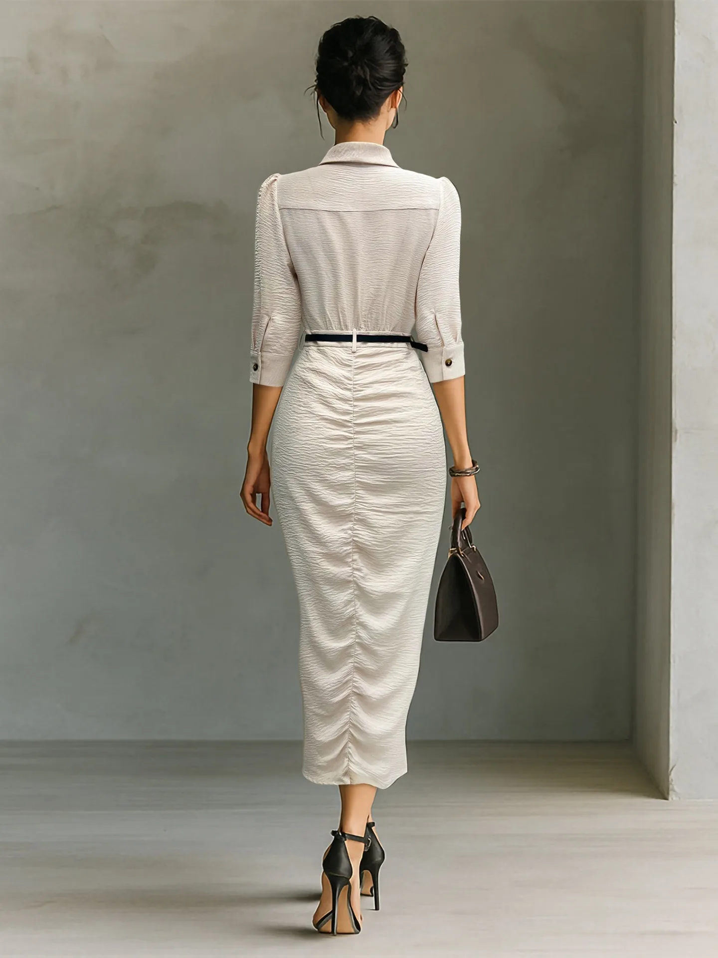 

Women's Dress 2026 Summer New Solid Color Collar Professional Dress Collar Slimming Button Front Fold Design Hip Wrapping Dress