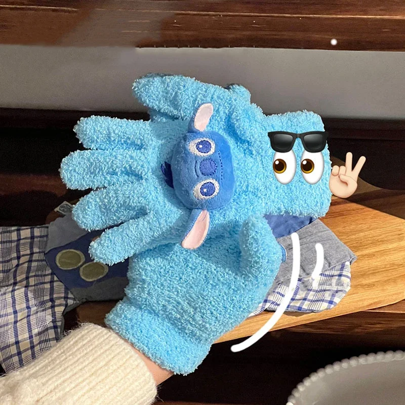 Disney Stitch Cotton Gloves Cartoon Anime Figures Cute Doll Coral Velvet Full Finger Glove Thicken Winter Warm Girls Boys Gifts