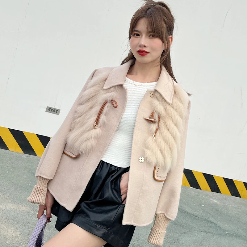 Korean Style Slim Wool Jacket For Women Workwear Elegant Real Fox Fur Patchwork Short Woolen Coats