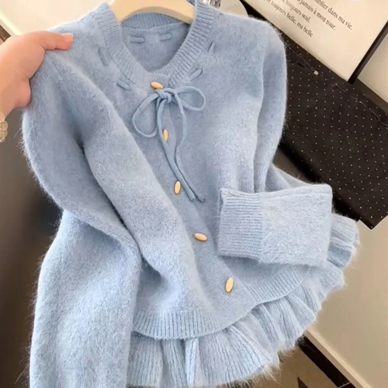 Cute Fuzzy Tie Front Women Cardigan Gold Buttons Knit Sweater Ruffle Hem Contrast Long Sleeve Coquette Preppy Winter Top