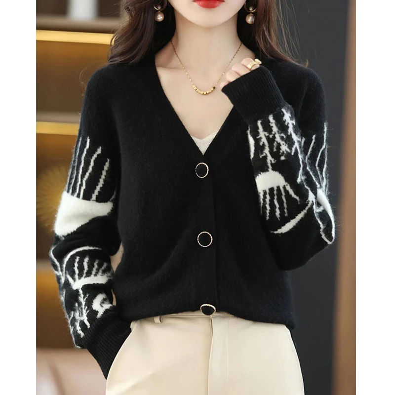 Women Korean Fashion V Neck Jacquard Chic Elegant Soft Wool Knitted Cardigan Fall Winter Female Casual Long Sleeve Sweater Coats