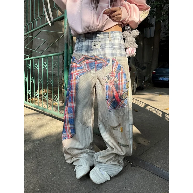 

Женские синие джинсы ZHIZOU с принтом, в стиле карго, Y2K, Harajuku, High Street, эстетика хип-хоп, ретро 2000-х, широкие штанины, джинсовая одежда