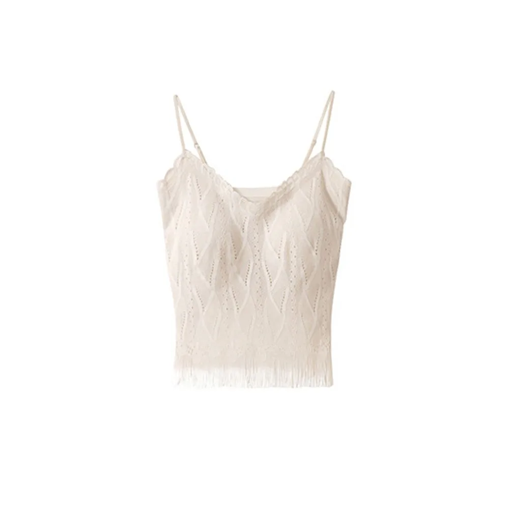 

Breathable Tassel Lace Mesh Camisole Sleeveless Seamless Lace Crop Top Thin Deep V Suspender Vest with Pads Women