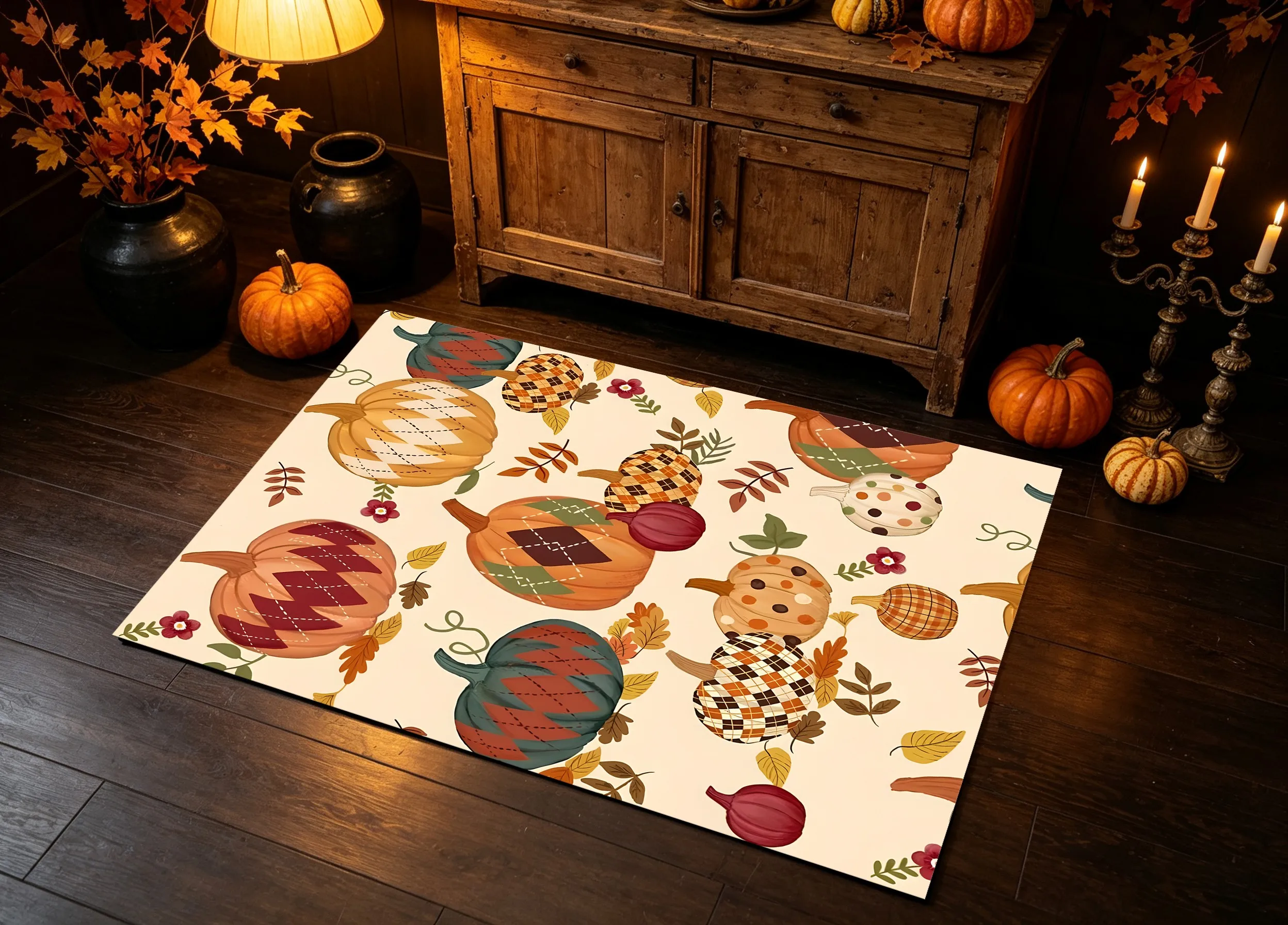 American Retro Style Colorful Pumpkin and Leaf Print Velvet Rug, Suitable for Thanksgiving, Universally Applicable to Living Room, Entryway, and Bedroom, Creating a Warm and Comforting Autumn Home Atmosphere