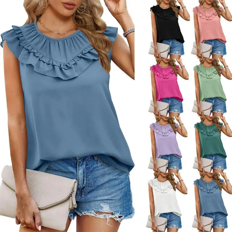 Printemps été 2023 Station indépendante pour femmes gilet Svel plissé en mousseline de soie irt coupe ajustée mi-longue couleur Pure Polyester...