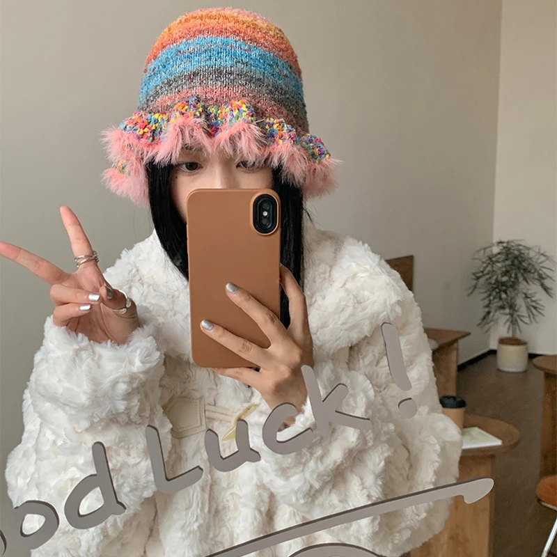 Rainbow Knitted Hat Dopamine Fashion Retro Gradient Contrast Plush Ruffle Warmth Striped Oil Painting Woolen Fisherman Cap Decor