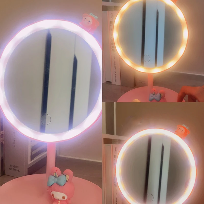 Kawaii Sanrio Hello Kitty Kuromi Led Cosmetic Mirror Usb Charging My Melody Three Color Lights Hd Mirror Desktop Storage Gift