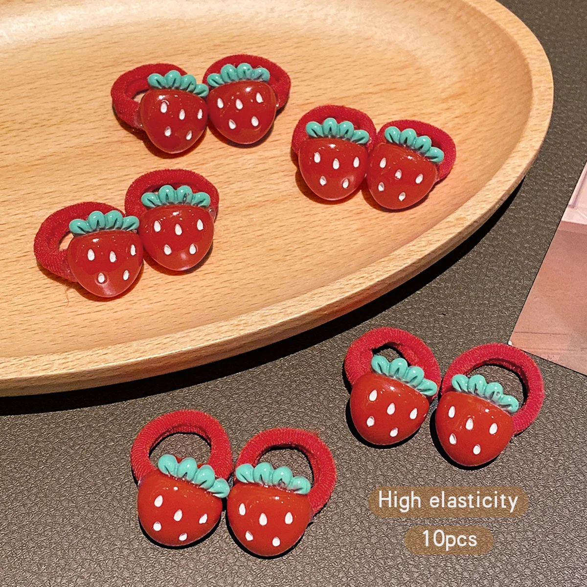 10 red strawberry hair rings with sweet and cute elastic bands suitable for daily use as hair accessories